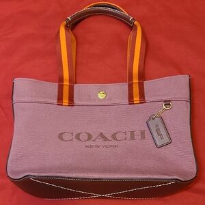 Coach Small Canvas Weekender Bag In Purpel With Burnt Orange Handles